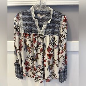 LOFT Floral Lace Trim Blouse - cream/orange/blue size S